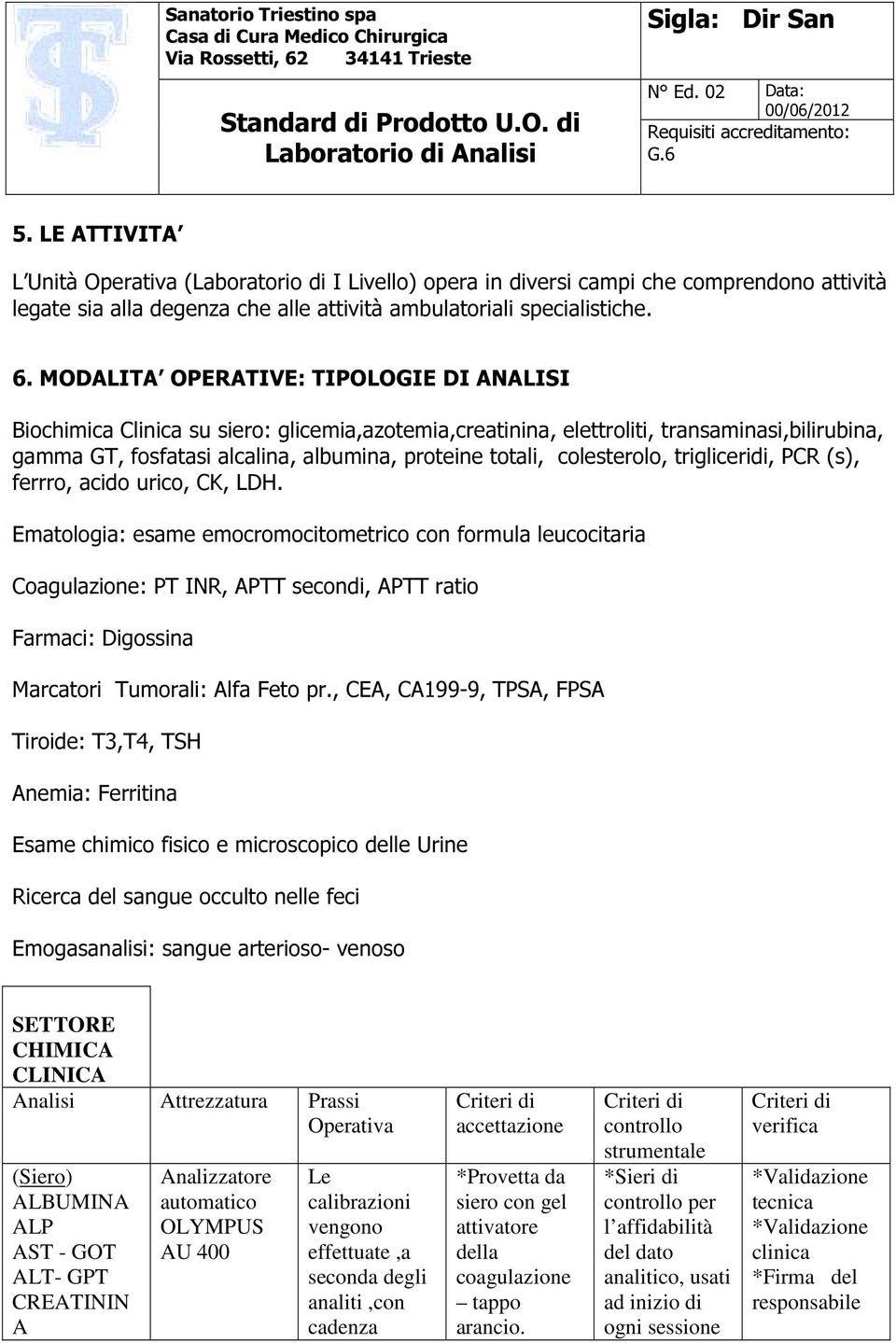 colesterolo, trigliceridi, PCR (s), ferrro, acido urico, CK, LDH.