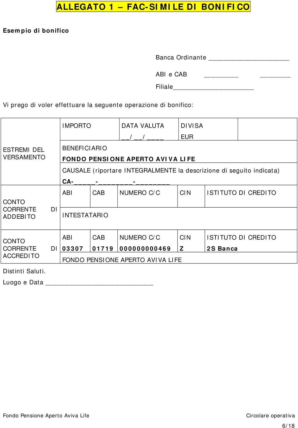 descrizione di seguito indicata) CA- - - ABI CAB NUMERO C/C CIN ISTITUTO DI CREDITO INTESTATARIO CONTO CORRENTE ABI DI 03307 CAB 01719 NUMERO C/C 000000000469