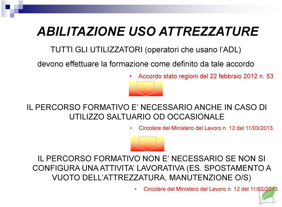 53 IL PERCORSO FORMATIVO E NECESSARIO ANCHE IN CASO DI UTILIZZO SALTUARIO OD OCCASIONALE Circolare del Ministero del Lavoro n.