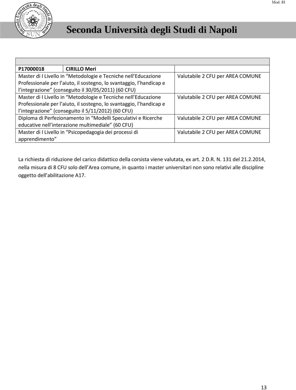 integrazione (conseguito il 5/11/2012) (60 CFU) Diploma di Perfezionamento in Modelli Speculativi e Ricerche educative nell interazione multimediale (60 CFU) Master di