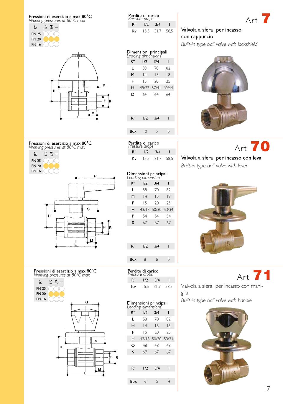 53/34 P 54 54 54 S 67 67 67 Art 70 Valvola a sfera per incasso con leva Built-in type ball valve with lever PN 5 PN 0 PN 6 Box 8 6 5 Perdite di carico Pressure