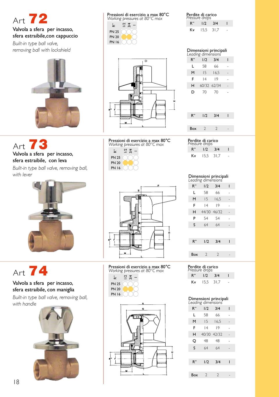 Box - Perdite di carico Pressure drops Kv 5,5 3,7 - L 58 66 - M 5 6,5 - F 4 9 - H 44/30 46/3 - P 54 54 - S 64 64 - Art 74 Valvola a sfera per incasso, sfera estraibile, con maniglia