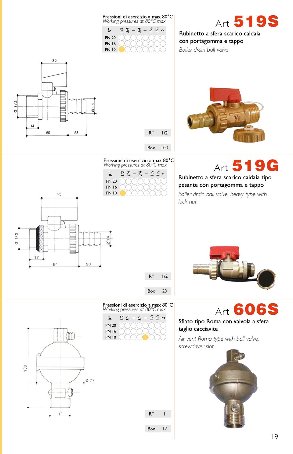 e tappo Boiler drain ball valve, heavy type with lock nut PN 0 PN 6 PN 0 Box 0 ¼ ½ Art 606S Sfiato