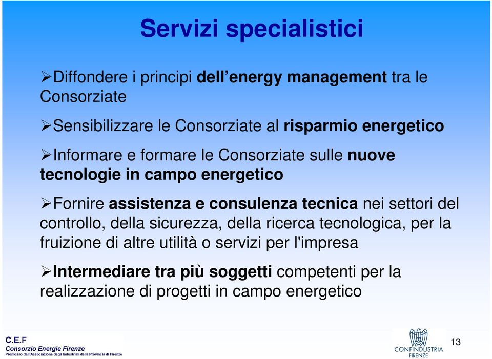 consulenza tecnica nei settori del controllo, della sicurezza, della ricerca tecnologica, per la fruizione di altre