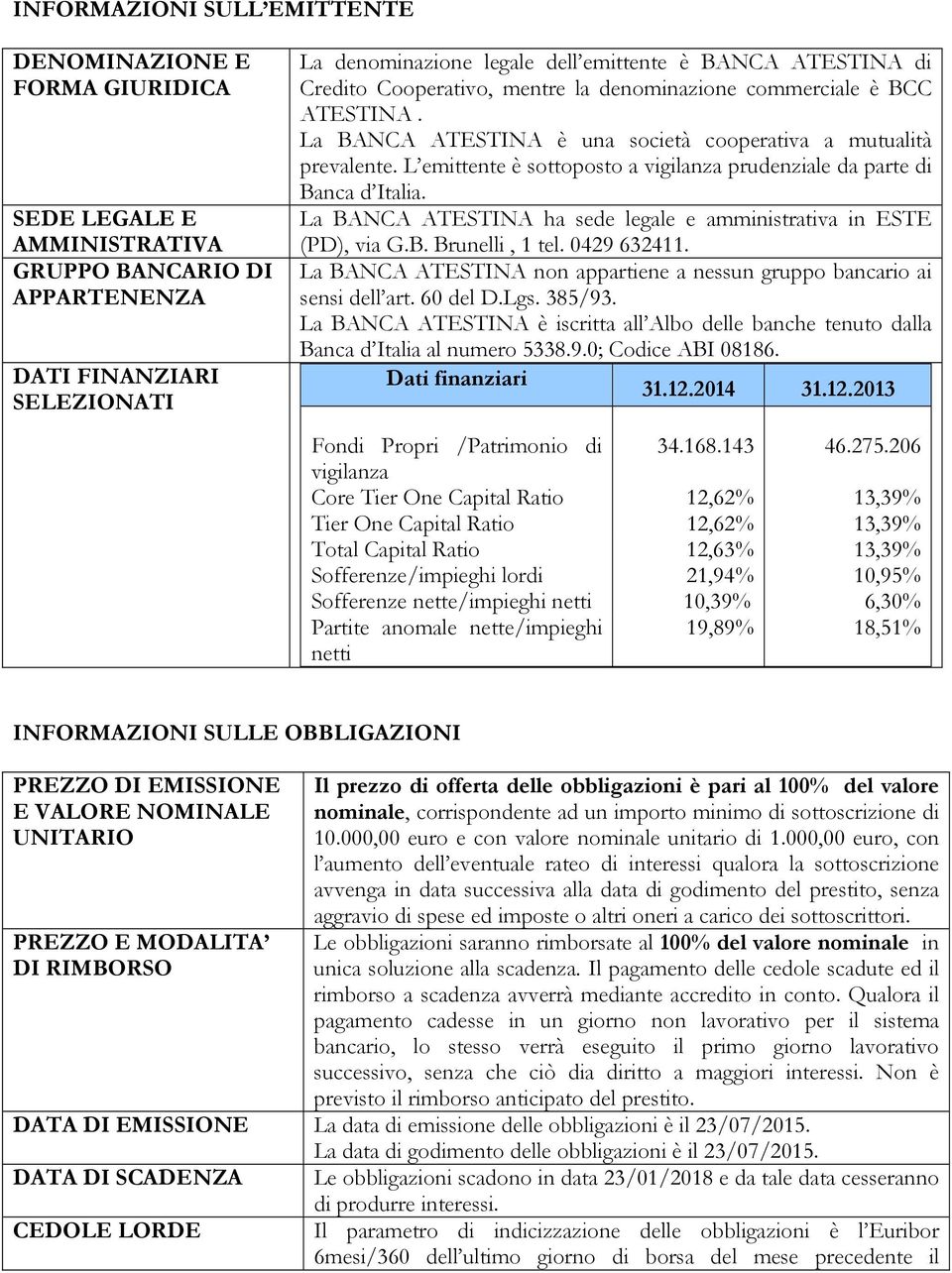 L emittente è sottoposto a vigilanza prudenziale da parte di Banca d Italia. La BANCA ATESTINA ha sede legale e amministrativa in ESTE (PD), via G.B. Brunelli, 1 tel. 0429 632411.