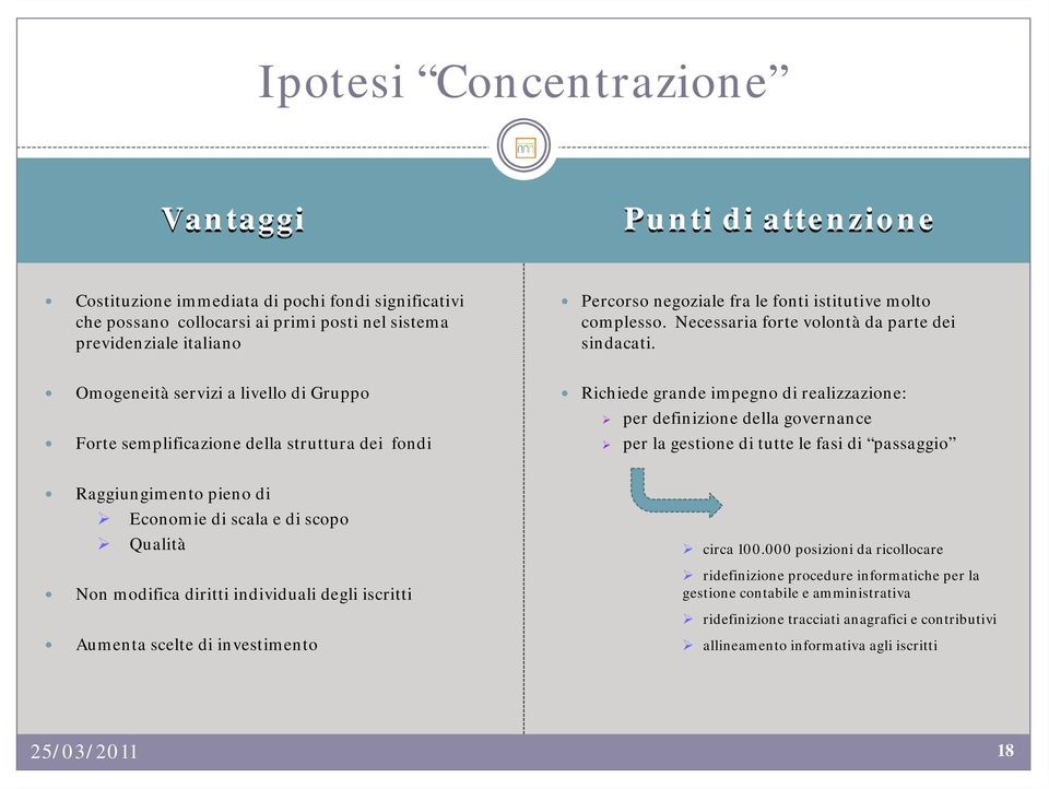 Omogeneità servizi a livello di Gruppo Forte semplificazione della struttura dei fondi Richiede grande impegno di realizzazione: per definizione della governance per la gestione di tutte le fasi di