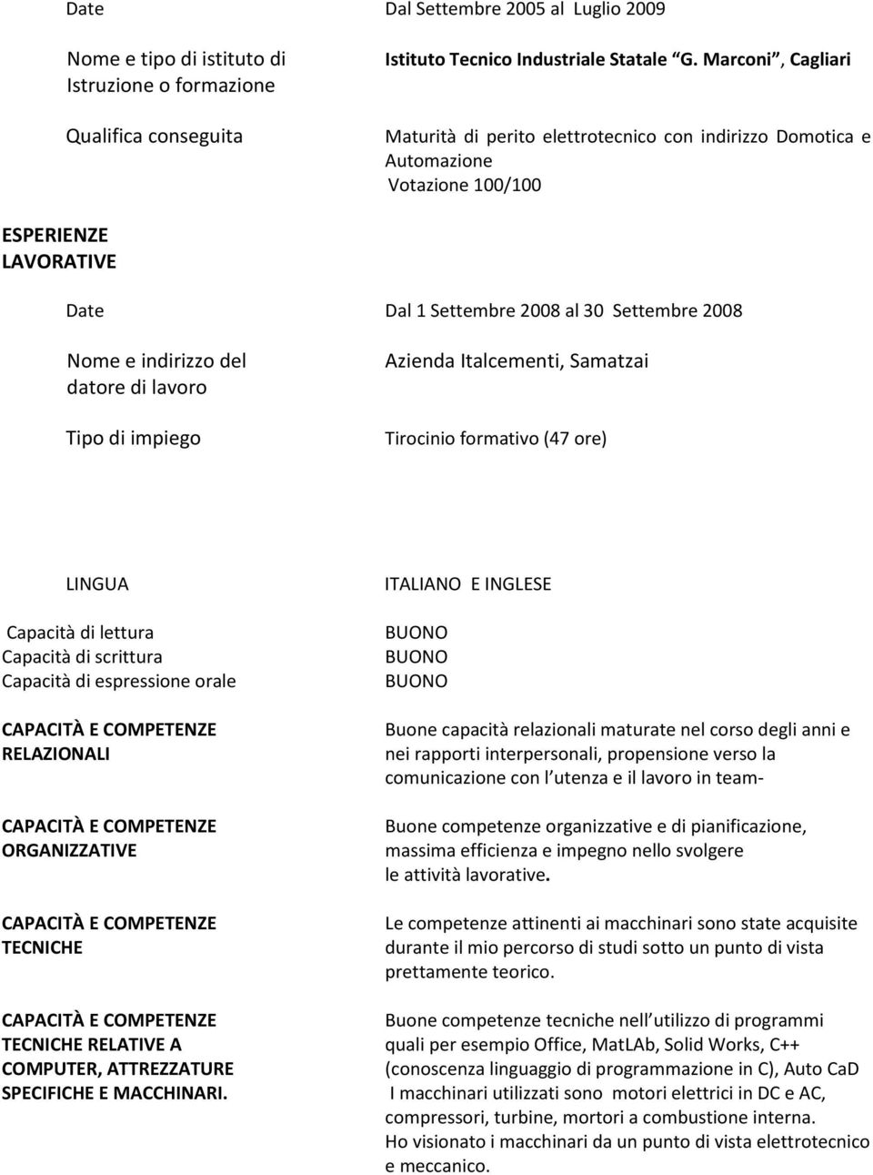 datore di lavoro Tipo di impiego Azienda Italcementi, Samatzai Tirocinio formativo (47 ore) LINGUA Capacità di lettura Capacità di scrittura Capacità di espressione orale RELAZIONALI ORGANIZZATIVE