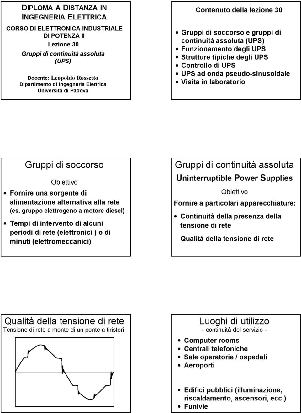 pseudo-sinusoidale isita in laboratorio Gruppi di soccorso Obiettivo Fornire una sorgente di alimentazione alternativa alla (es.