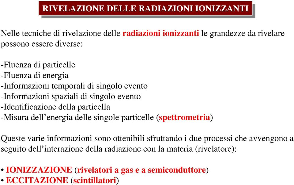 particella -Misura dell energia delle singole particelle (spettrometria) Queste varie informazioni sono ottenibili sfruttando i due processi che