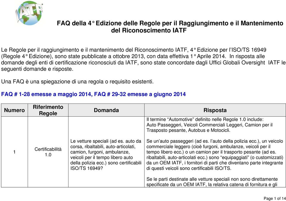 In risposta alle domande degli enti di certificazione riconosciuti da IATF, sono state concordate dagli Uffici Globali Oversight IATF le seguenti domande e risposte.