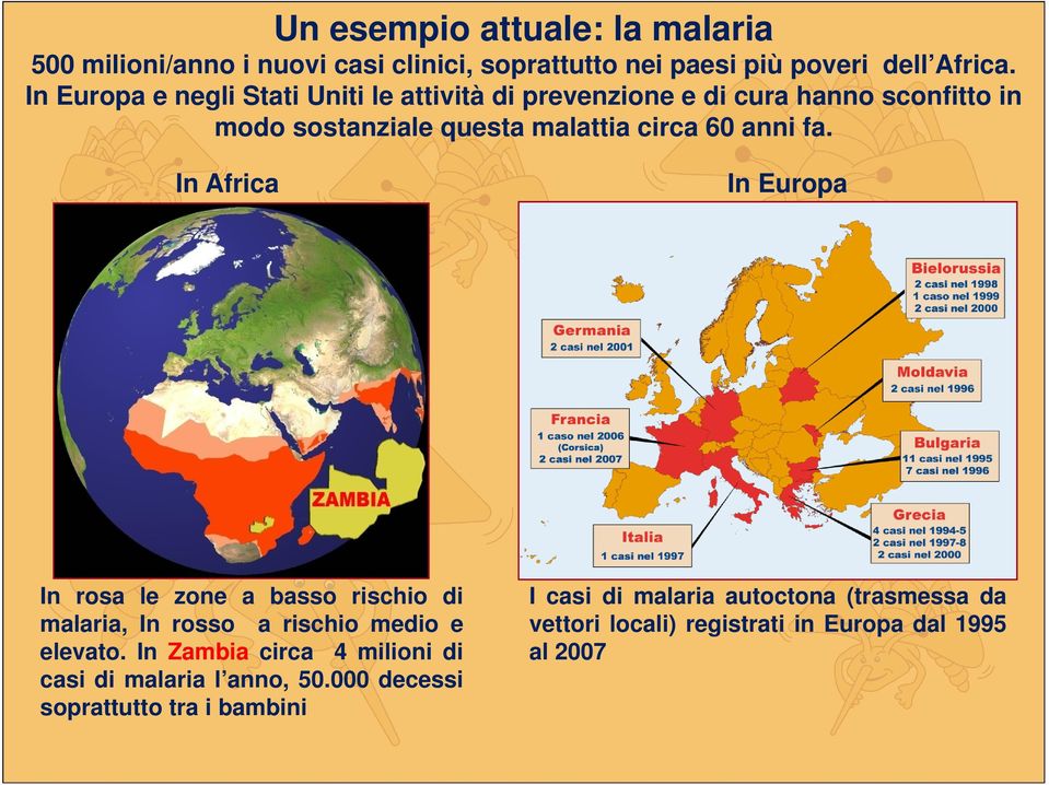In Africa In Europa In rosa le zone a basso rischio di malaria, In rosso a rischio medio e elevato.