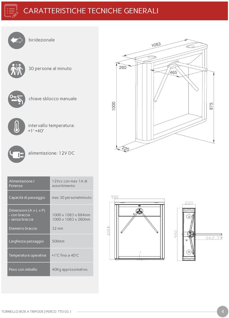 persone/minuto Dimensioni (A x L x P) - con braccia - senza braccia Diametro braccio 1000 x 1083 x 684mm 1000 x 1083