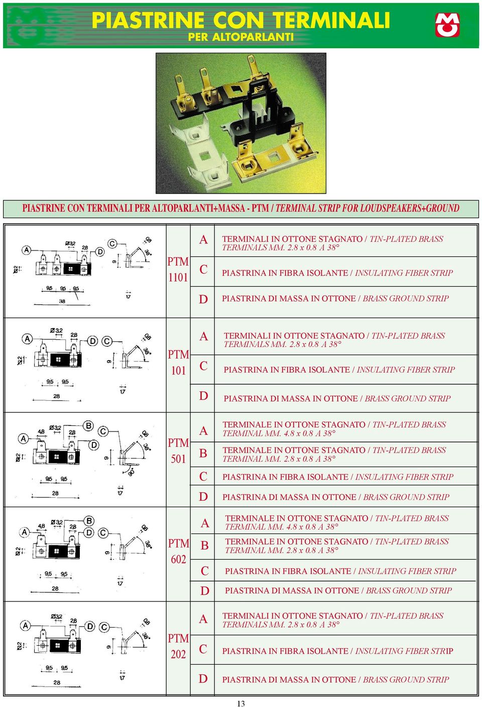 3 PISTRIN IN FIBR ISOLNTE / INSULTING FIBER STRIP PISTRIN DI MSS IN OTTONE / BRSS GROUND STRIP PTM 501 PTM 602 PTM 202 B D B D D TERMINLE IN OTTONE STGNTO / TIN-PLTED BRSS TERMINL MM.. x 0.