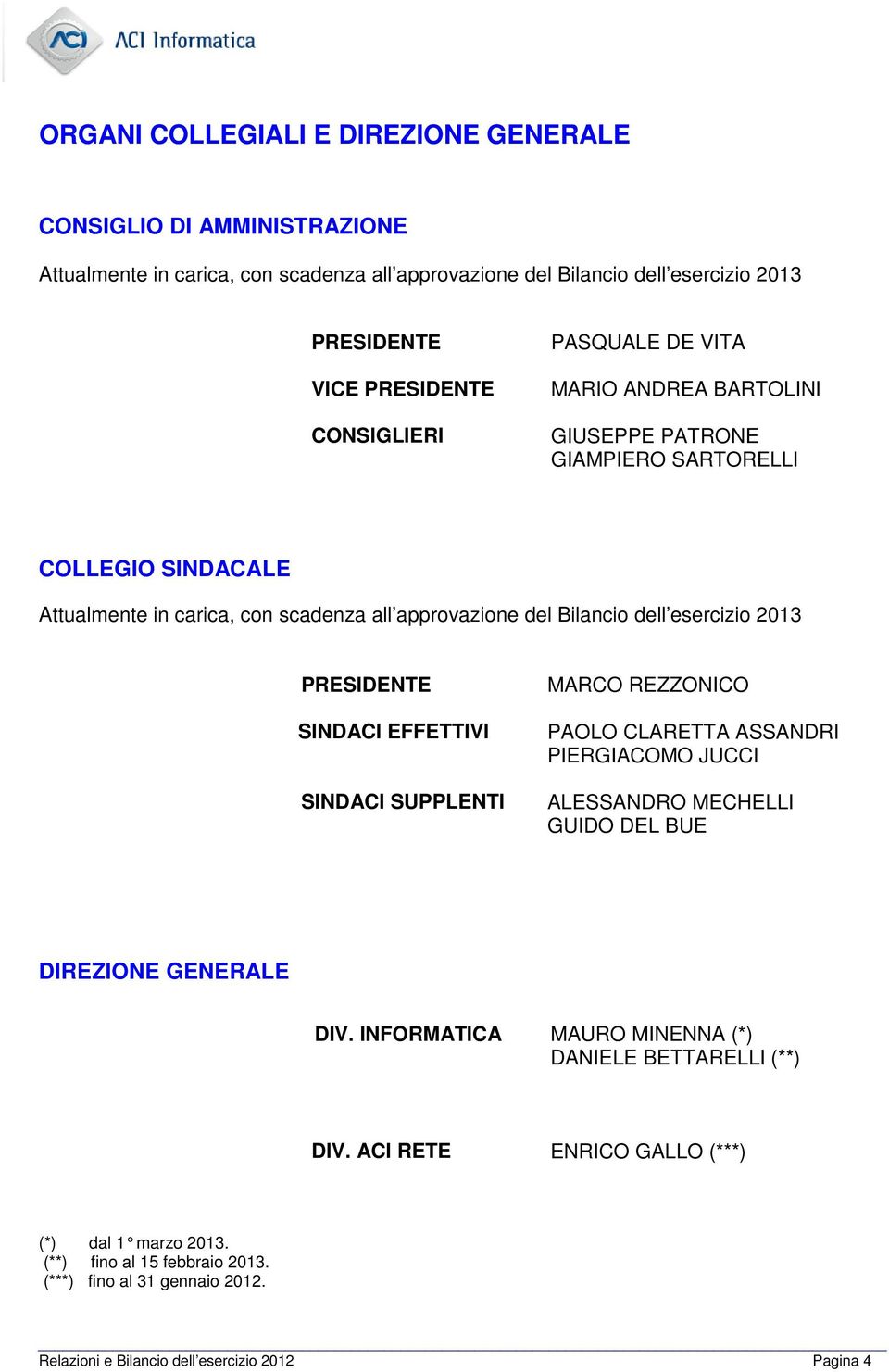 2013 PRESIDENTE SINDACI EFFETTIVI SINDACI SUPPLENTI MARCO REZZONICO PAOLO CLARETTA ASSANDRI PIERGIACOMO JUCCI ALESSANDRO MECHELLI GUIDO DEL BUE DIREZIONE GENERALE DIV.