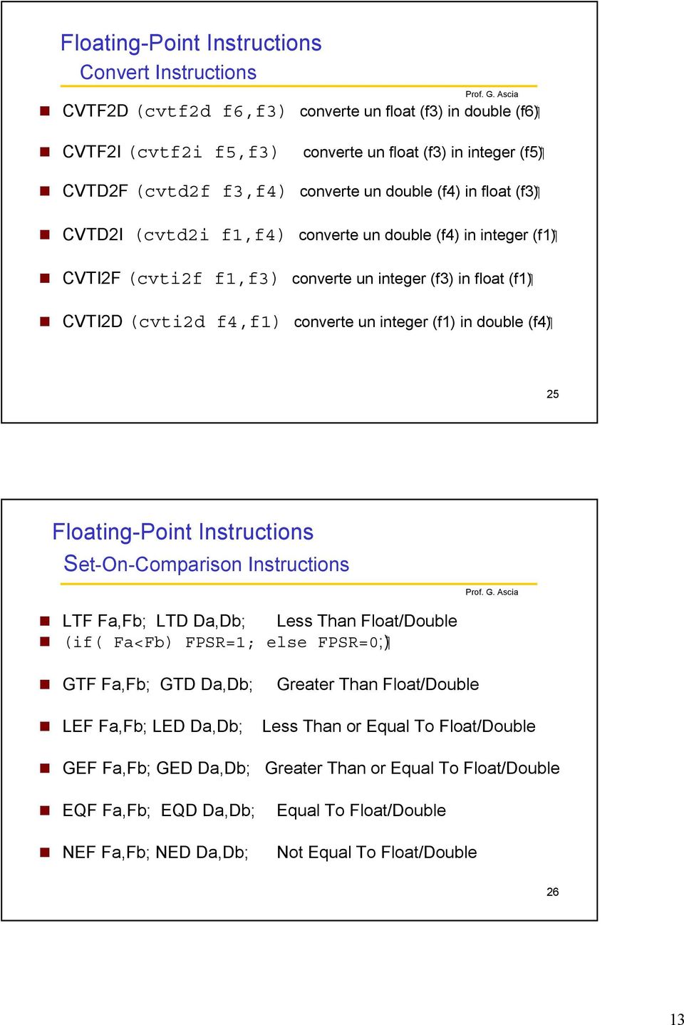 converte un integer (f1) in double 25 Floating-Point Instructions Set-On-Comparison Instructions LTF Fa,Fb; LTD Da,Db; Less Than Float/Double (; FPSR=0 (if( Fa<Fb) FPSR=1; else GTF Fa,Fb; GTD Da,Db;