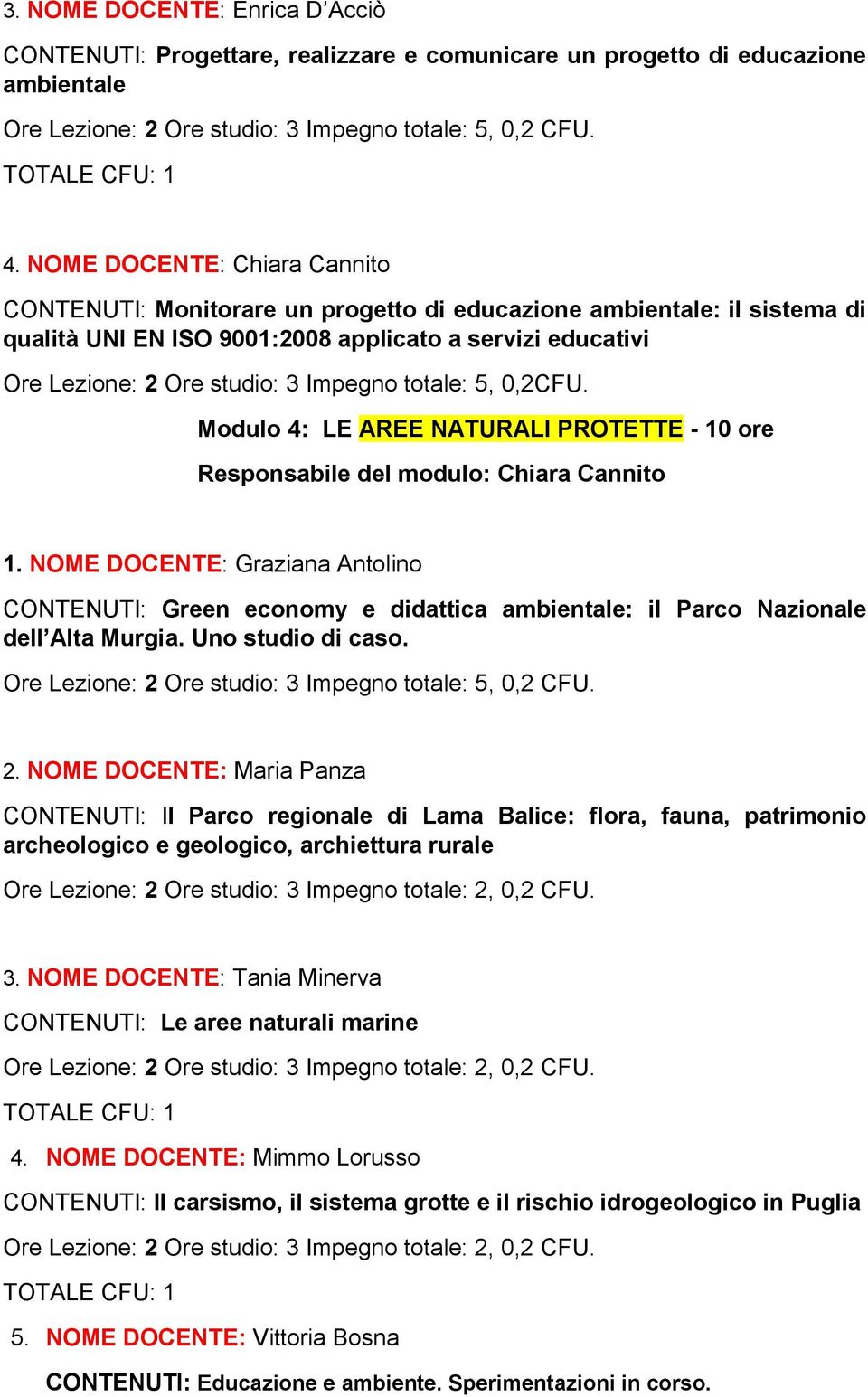 totale: 5, 0,2CFU. Modulo 4: LE AREE NATURALI PROTETTE - 10 ore Responsabile del modulo: Chiara Cannito 1.