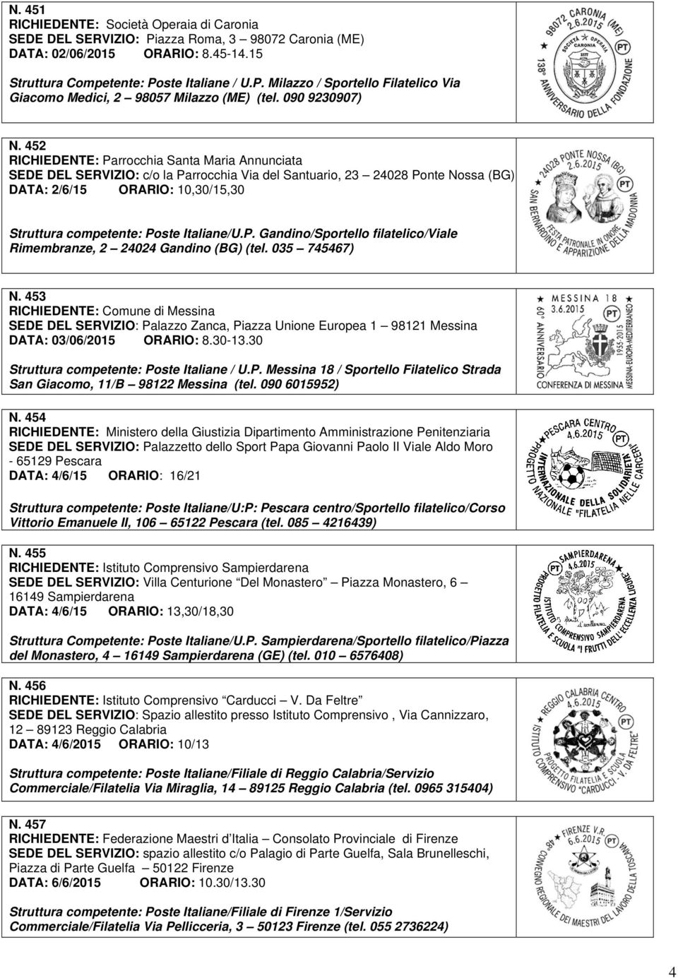 452 RICHIEDENTE: Parrocchia Santa Maria Annunciata SEDE DEL SERVIZIO: c/o la Parrocchia Via del Santuario, 23 24028 Ponte Nossa (BG) DATA: 2/6/15 ORARIO: 10,30/15,30 Struttura competente: Poste