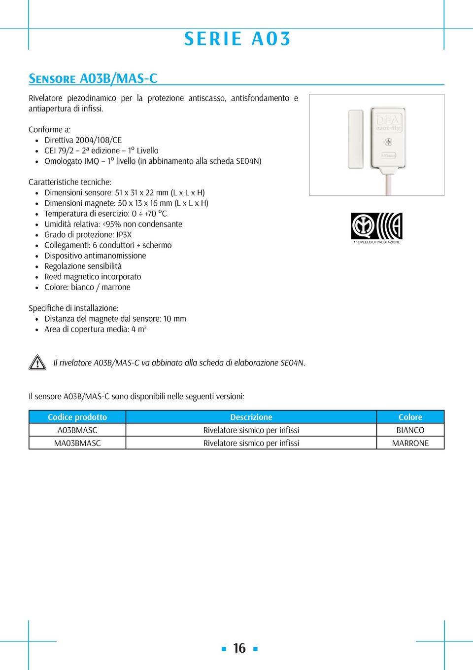 Dimensioni magnete: 50 x 13 x 16 mm (L x L x H) Temperatura di esercizio: 0 +70 C Umidità relativa: <95% non condensante Grado di protezione: IP3X Collegamenti: 6 conduttori + schermo Dispositivo