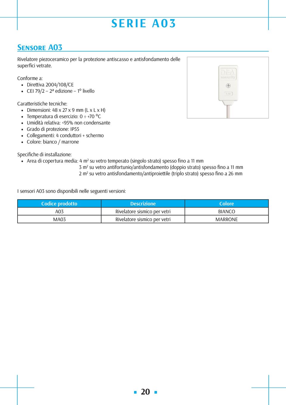 condensante Grado di protezione: IP55 Collegamenti: 4 conduttori + schermo Colore: bianco / marrone Specifiche di installazione: Area di copertura media: 4 m 2 su vetro temperato (singolo strato)