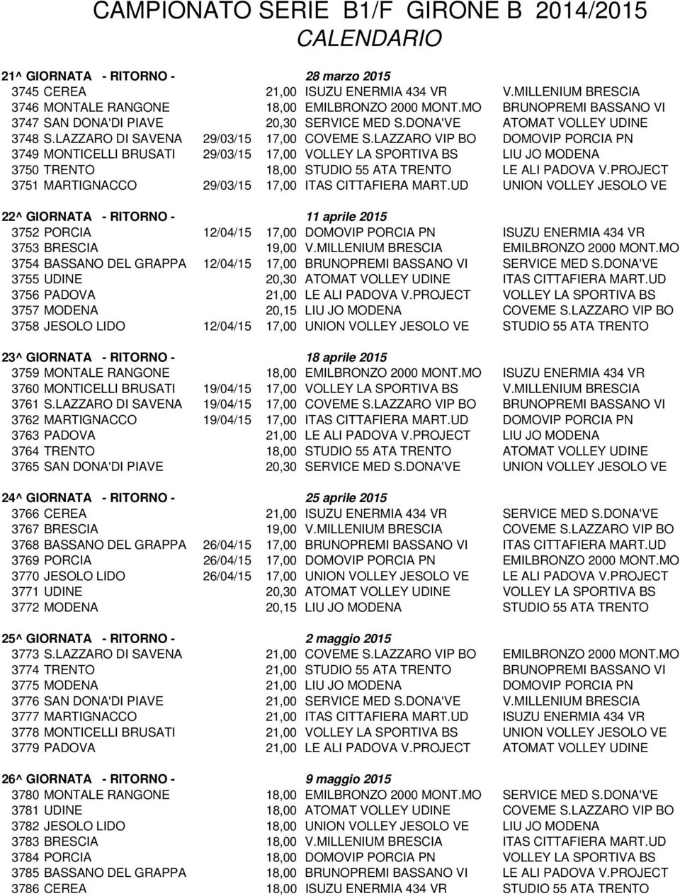 LAZZARO VIP BO DOMOVIP PORCIA PN 3749 MONTICELLI BRUSATI 29/03/15 17,00 VOLLEY LA SPORTIVA BS LIU JO MODENA 3750 TRENTO 18,00 STUDIO 55 ATA TRENTO LE ALI PADOVA V.