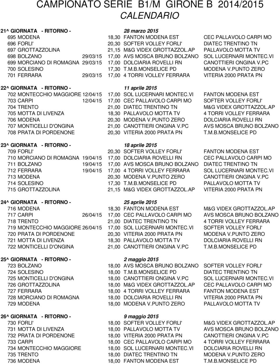 VI 699 MORCIANO DI ROMAGNA 29/03/15 17,00 DOLCIARIA ROVELLI RN CANOTTIERI ONGINA V.PC 700 SOLESINO 17,30 T.M.B.MONSELICE PD MODENA V.