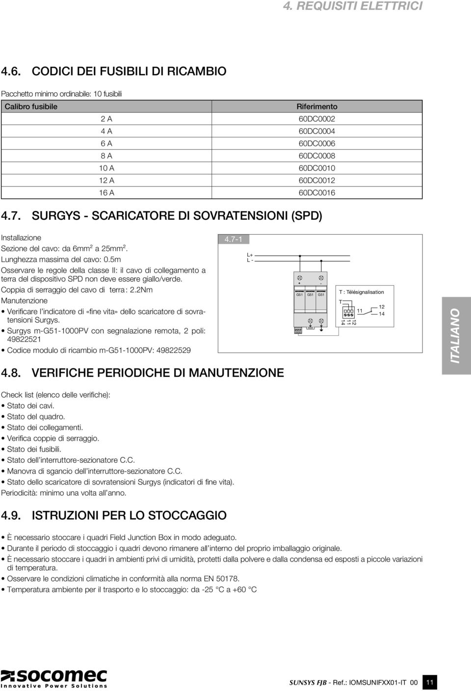SURGYS - SCARICATORE DI SOVRATENSIONI (SPD) Installazione Sezione del cavo: da 6mm² a 25mm². Lunghezza massima del cavo: 0.