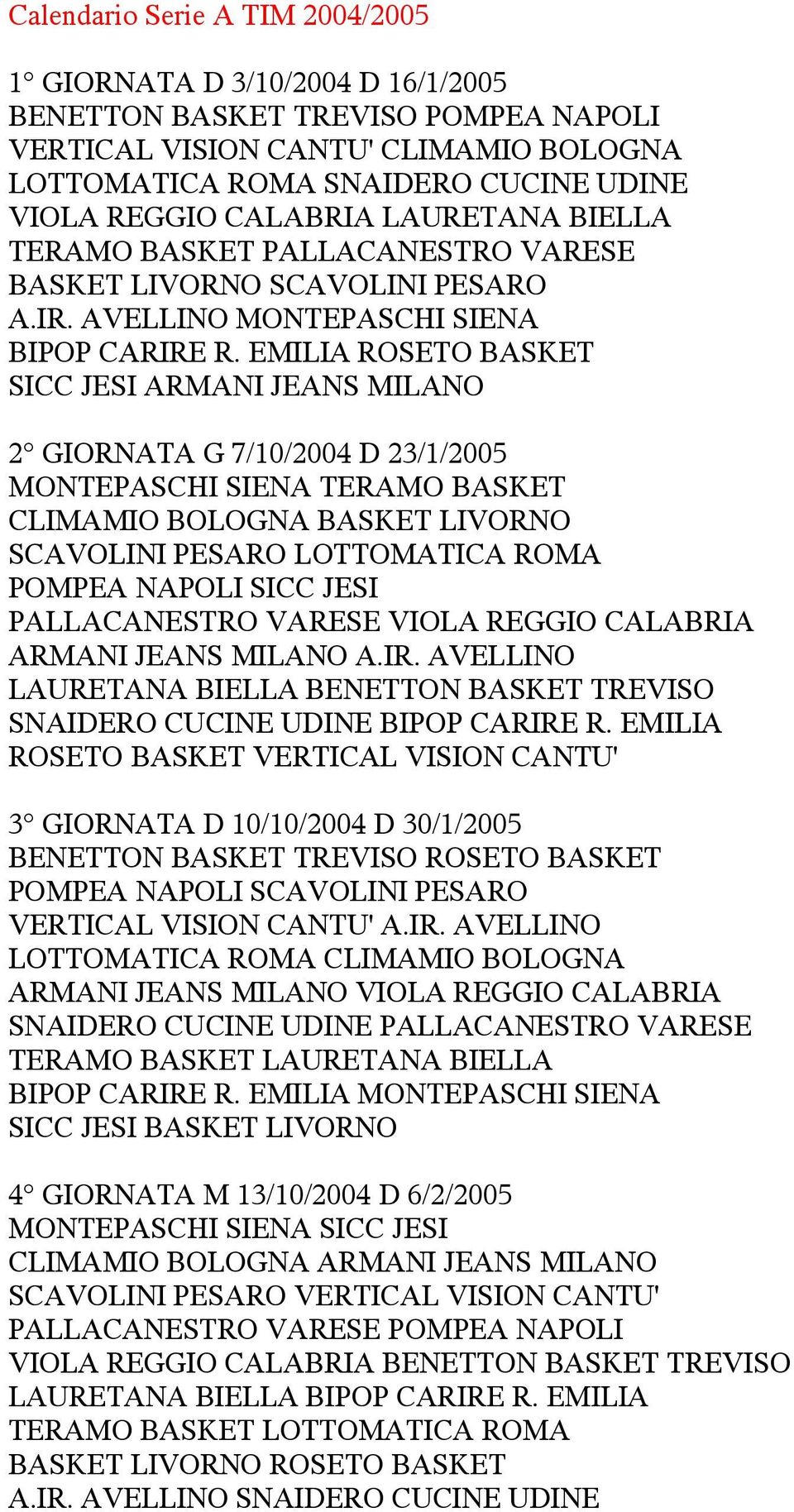 EMILIA ROSETO BASKET SICC JESI ARMANI JEANS MILANO 2 GIORNATA G 7/10/2004 D 23/1/2005 MONTEPASCHI SIENA TERAMO BASKET CLIMAMIO BOLOGNA BASKET LIVORNO SCAVOLINI PESARO LOTTOMATICA ROMA POMPEA NAPOLI