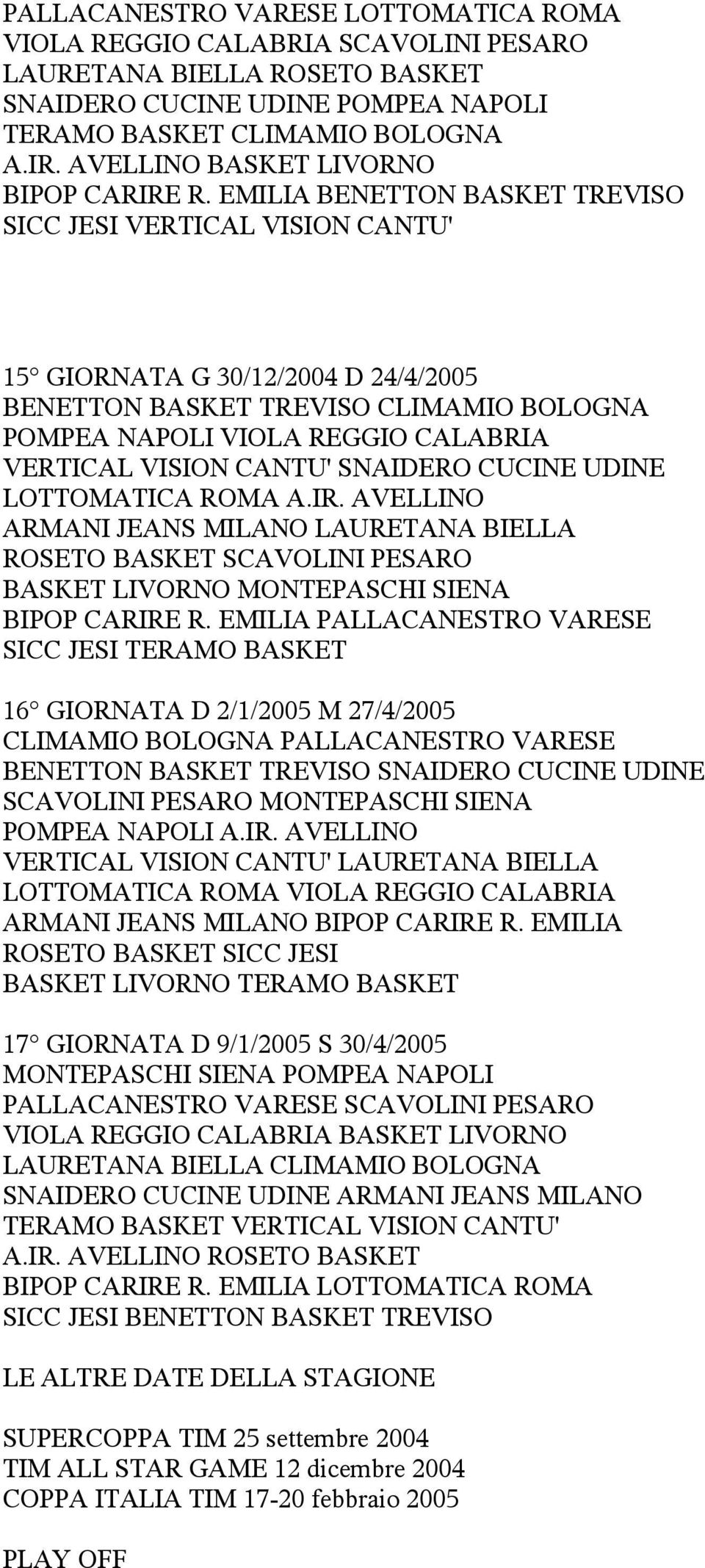 EMILIA BENETTON BASKET TREVISO SICC JESI VERTICAL VISION CANTU' 15 GIORNATA G 30/12/2004 D 24/4/2005 BENETTON BASKET TREVISO CLIMAMIO BOLOGNA POMPEA NAPOLI VIOLA REGGIO CALABRIA VERTICAL VISION