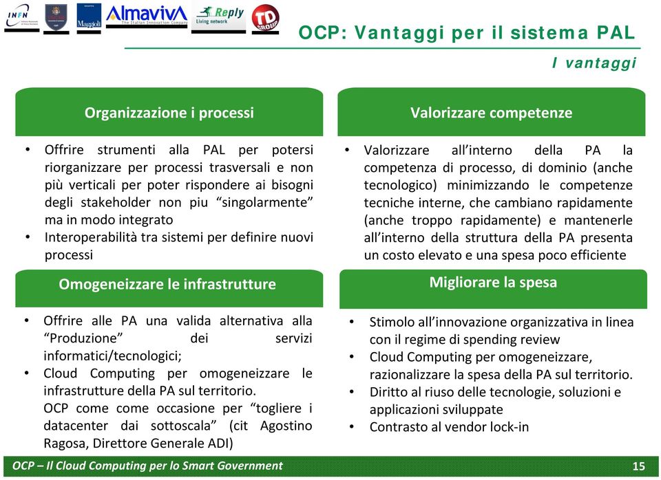 Produzione dei servizi informatici/tecnologici; Cloud Computing per omogeneizzare le infrastrutture della PA sul territorio.
