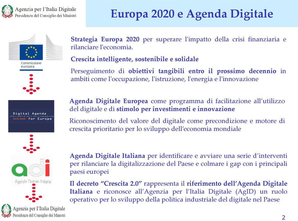 Europea come programma di facilitazione all utilizzo del digitale e di stimolo per investimenti e innovazione Riconoscimento del valore del digitale come precondizione e motore di crescita