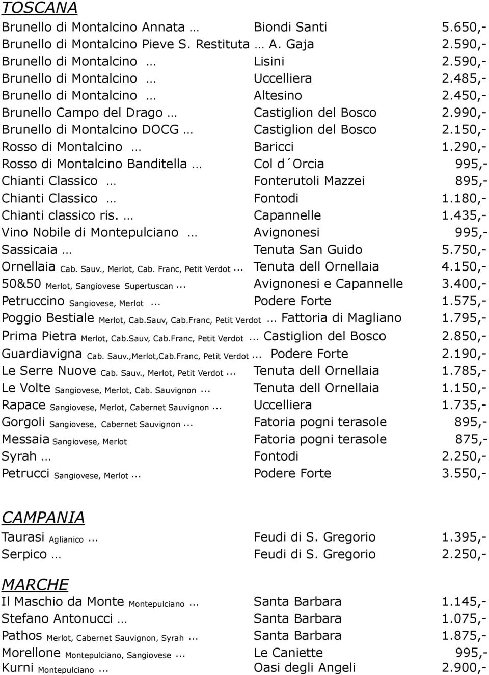 290,- Rosso di Montalcino Banditella Col d Orcia 995,- Chianti Classico Fonterutoli Mazzei 895,- Chianti Classico Fontodi 1.180,- Chianti classico ris. Capannelle 1.