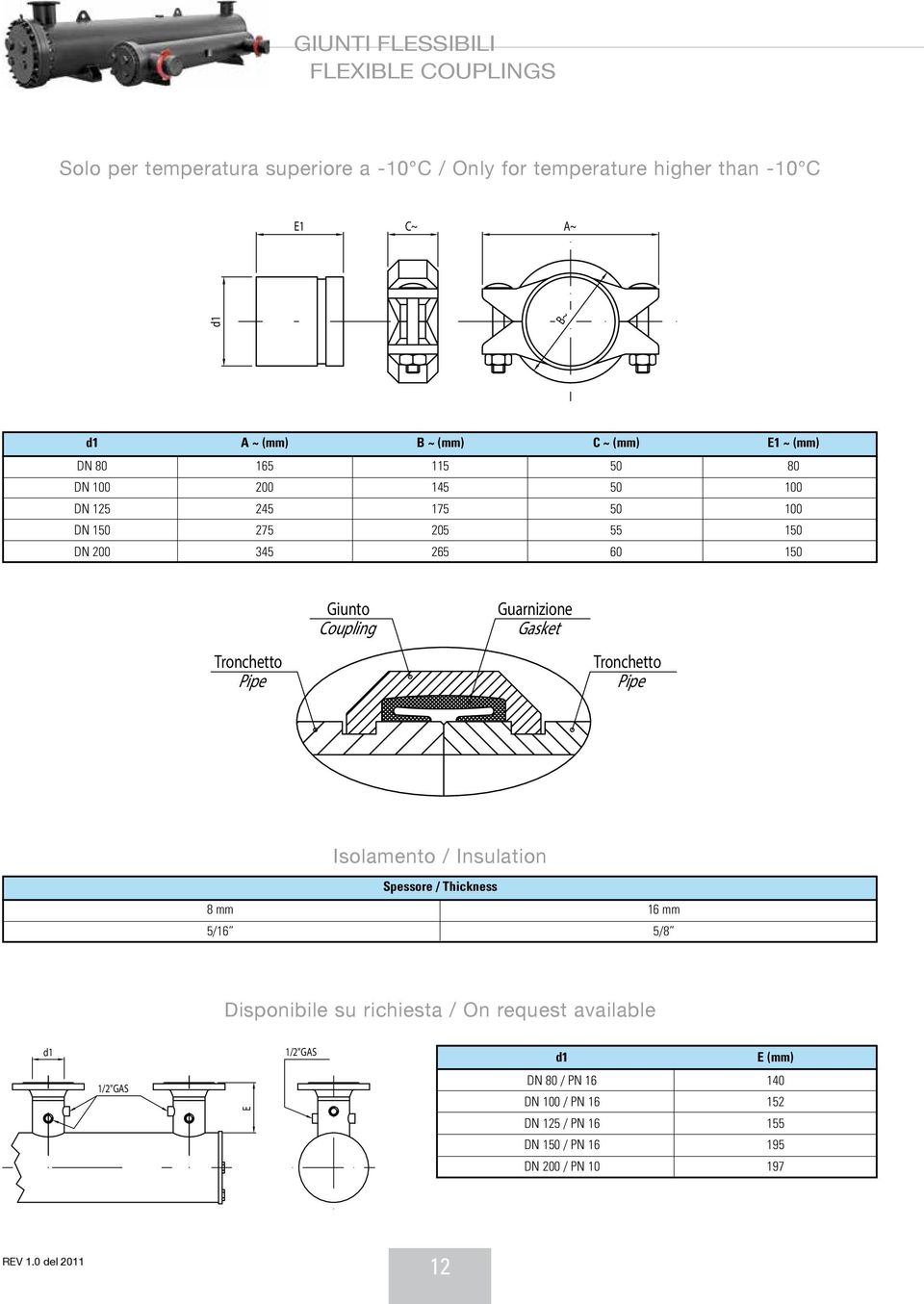 Coupling Guarnizione Gasket Tronchetto Pipe Tronchetto Pipe Isolamento / Insulation Spessore / Thickness 8 mm 16 mm 5/16 5/8 Disponibile su