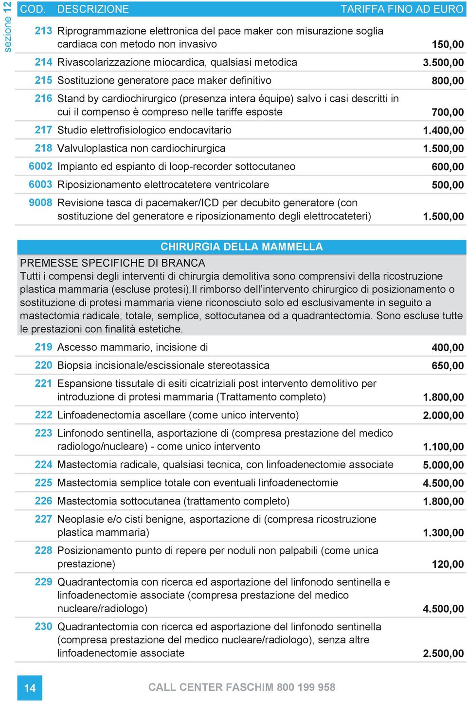 3.500,00 215 Sostituzione generatore pace maker definitivo 800,00 216 Stand by cardiochirurgico (presenza intera équipe) salvo i casi descritti in cui il compenso è compreso nelle tariffe esposte