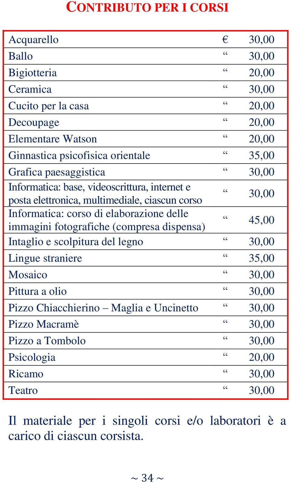 delle immagini fotografiche (compresa dispensa) 45,00 Intaglio e scolpitura del legno 30,00 Lingue straniere 35,00 Mosaico 30,00 Pittura a olio 30,00 Pizzo Chiacchierino Maglia e