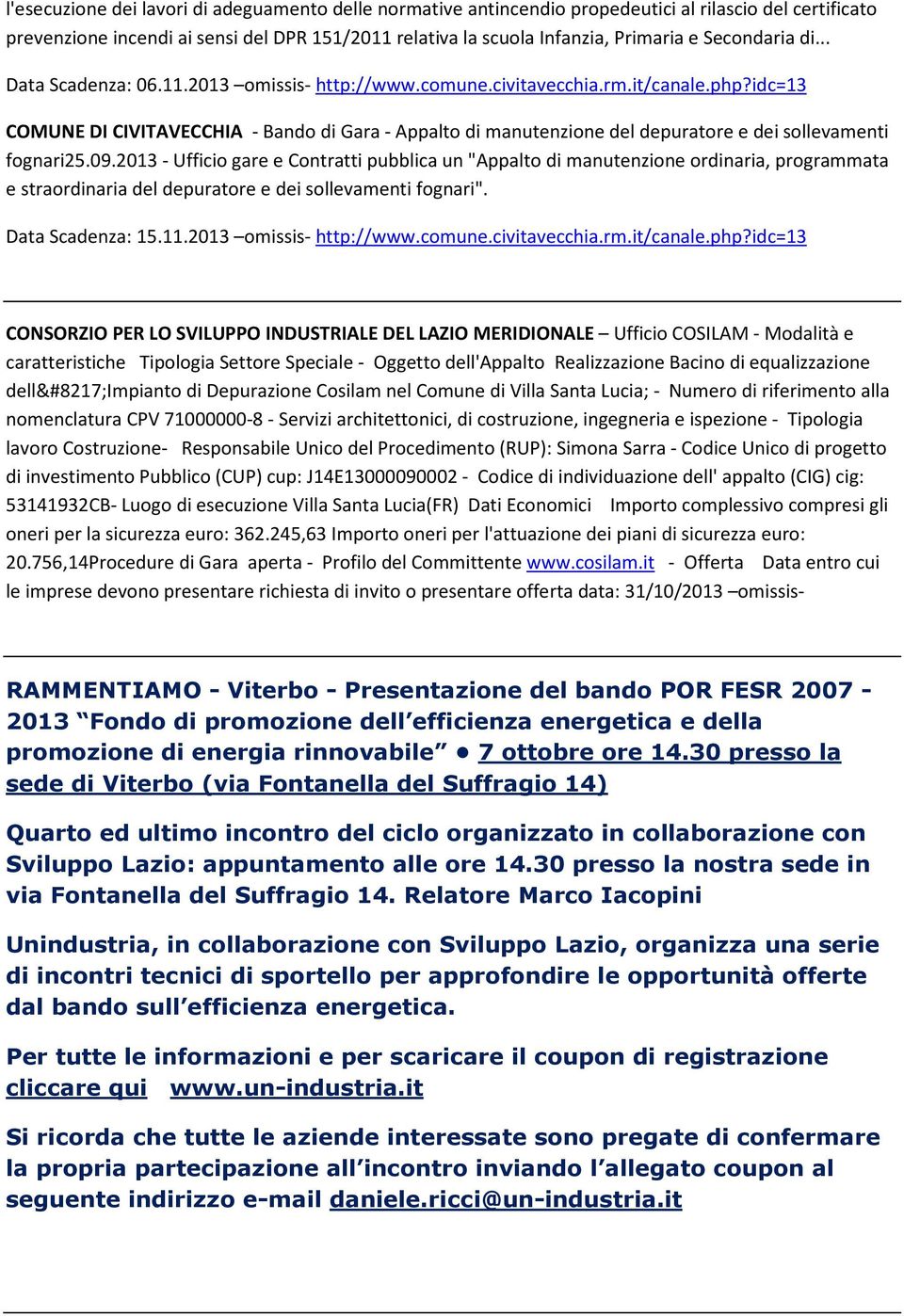 idc=13 COMUNE DI CIVITAVECCHIA - Bando di Gara - Appalto di manutenzione del depuratore e dei sollevamenti fognari25.09.