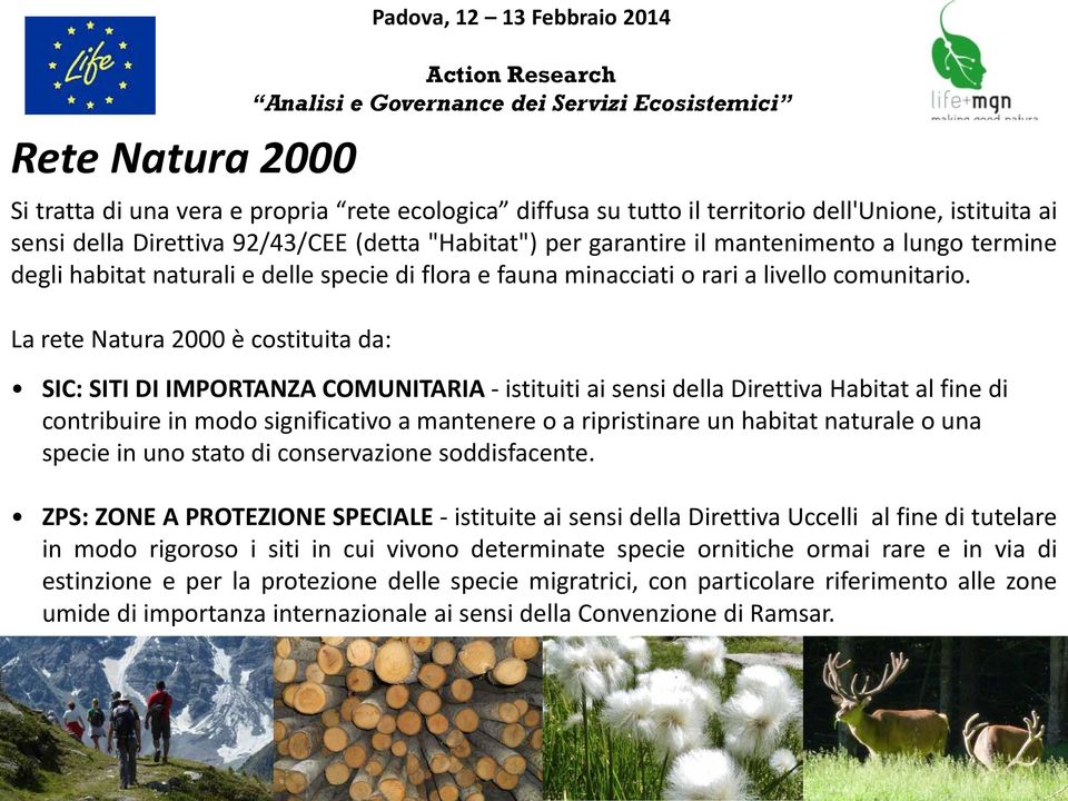 La rete Natura 2000 è costituita da: SIC: SITI DI IMPORTANZA COMUNITARIA - istituiti ai sensi della Direttiva Habitat al fine di contribuire in modo significativo a mantenere o a ripristinare un