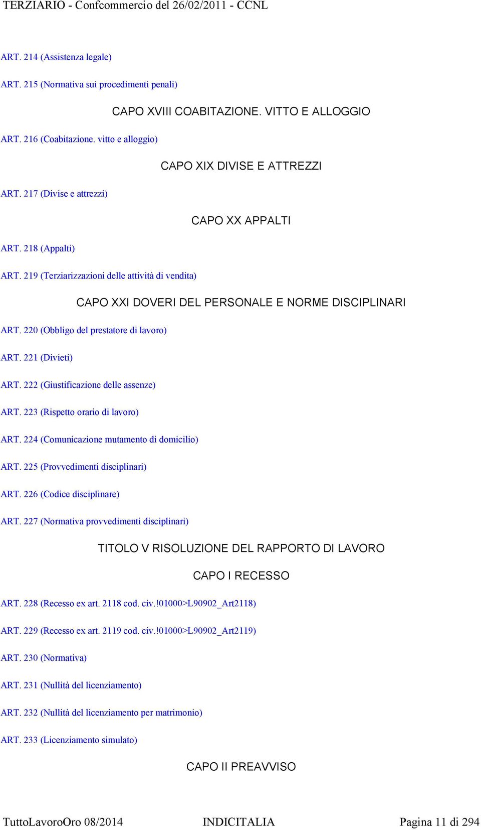 220 (Obbligo del prestatore di lavoro) ART. 221 (Divieti) ART. 222 (Giustificazione delle assenze) ART. 223 (Rispetto orario di lavoro) ART. 224 (Comunicazione mutamento di domicilio) ART.