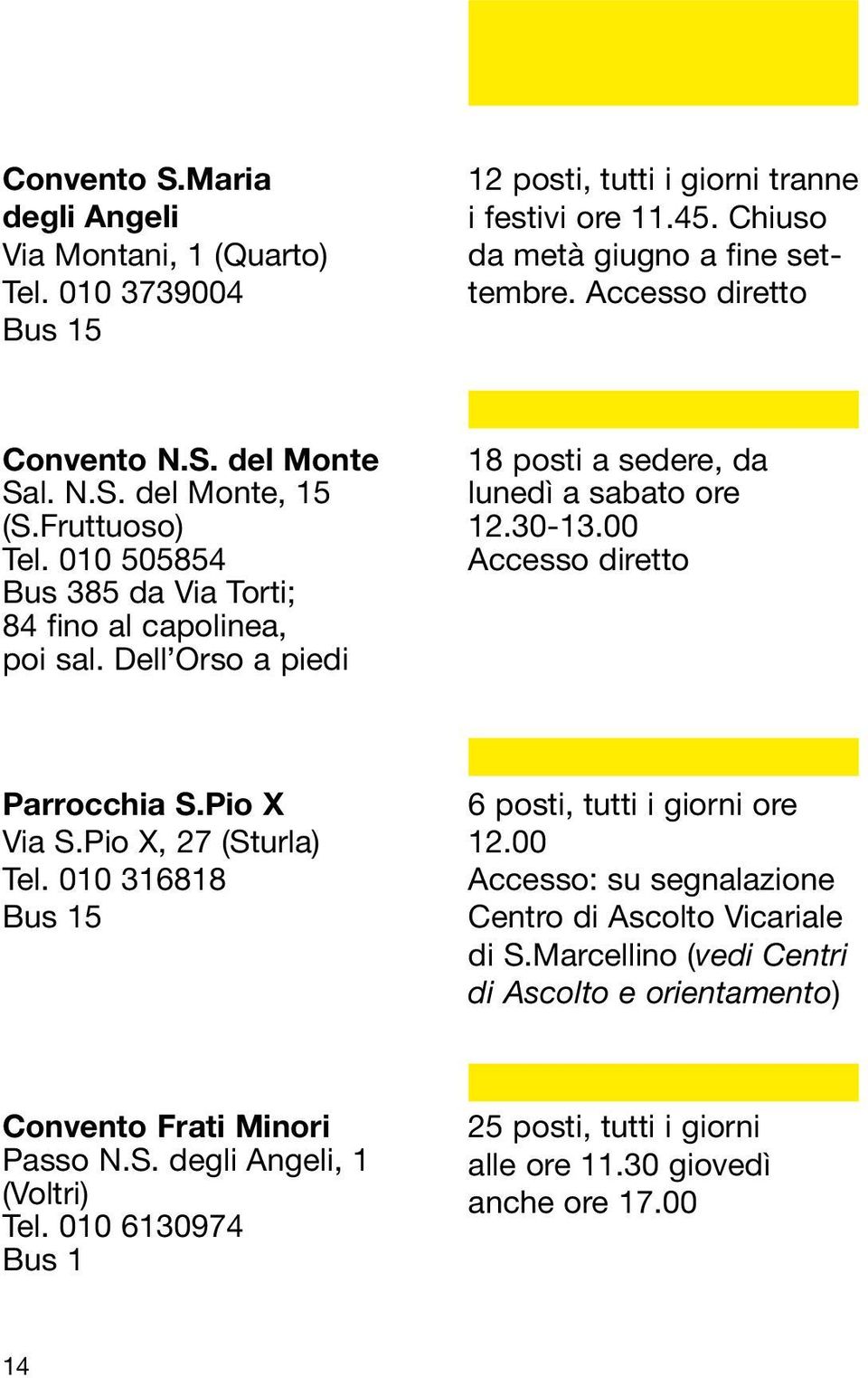 Dell Orso a piedi 18 posti a sedere, da lunedì a sabato ore 12.30-13.00 Accesso diretto Parrocchia S.Pio X Via S.Pio X, 27 (Sturla) Tel. 010 316818 Bus 15 6 posti, tutti i giorni ore 12.