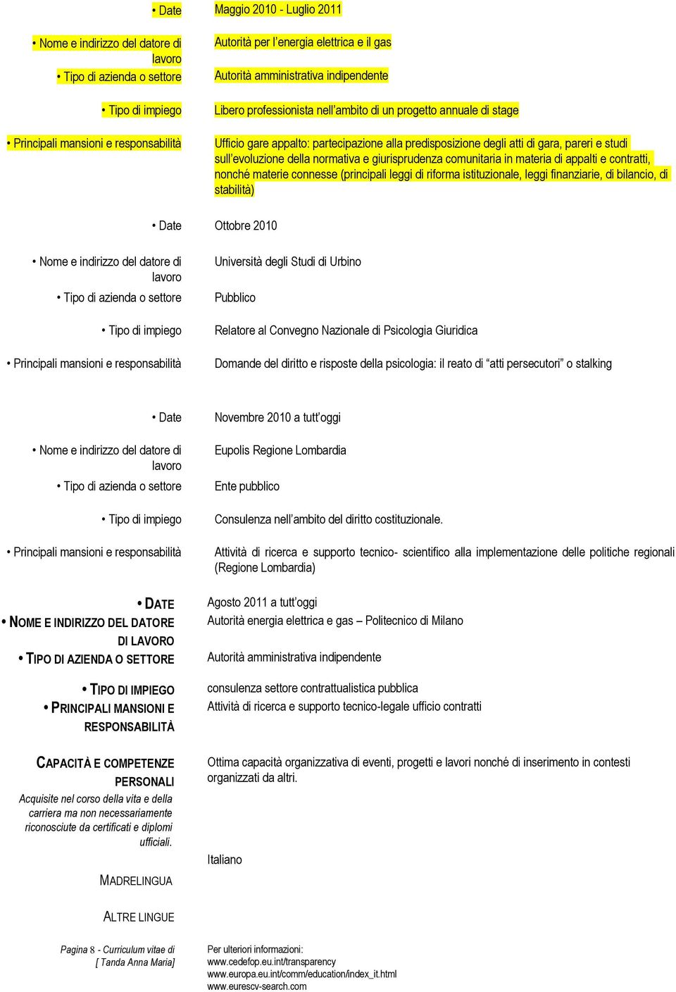 (principali leggi di riforma istituzionale, leggi finanziarie, di bilancio, di stabilità) Date Ottobre 2010 Università degli Studi di Urbino Pubblico Relatore al Convegno Nazionale di Psicologia