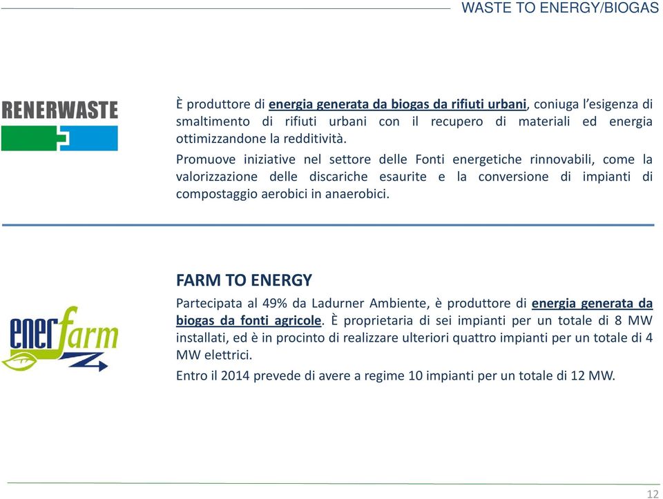 Promuove iniziative nel settore delle Fonti energetiche rinnovabili, come la valorizzazione delle discariche esaurite e la conversione di impianti di compostaggio aerobici in anaerobici.