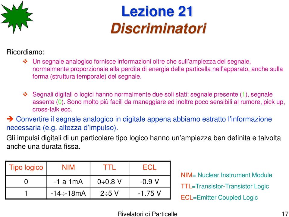 Sono molto più facili da maneggiare ed inoltre poco sensibili al rumore, pick up, cross-talk ecc. Convertire il segnale analogico in digitale appena abbiamo estratto l informazione necessaria (e.g. altezza d impulso).