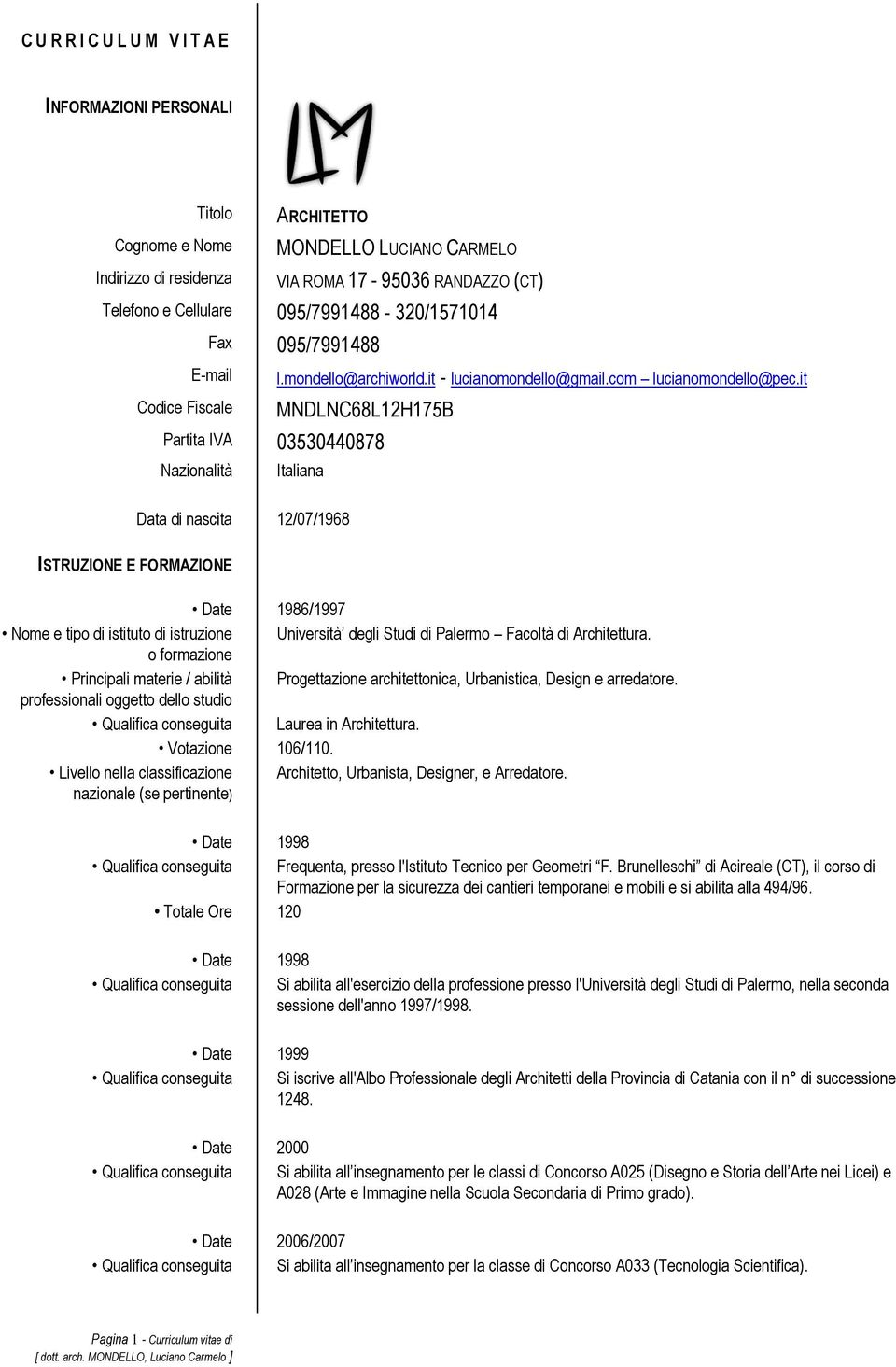 it MNDLNC68L12H175B Partita IVA 03530440878 Nazionalità ISTRUZIONE E FORMAZIONE Italiana Data di nascita 12/07/1968 Date 1986/1997 Nome e tipo di istituto di istruzione Università degli Studi di