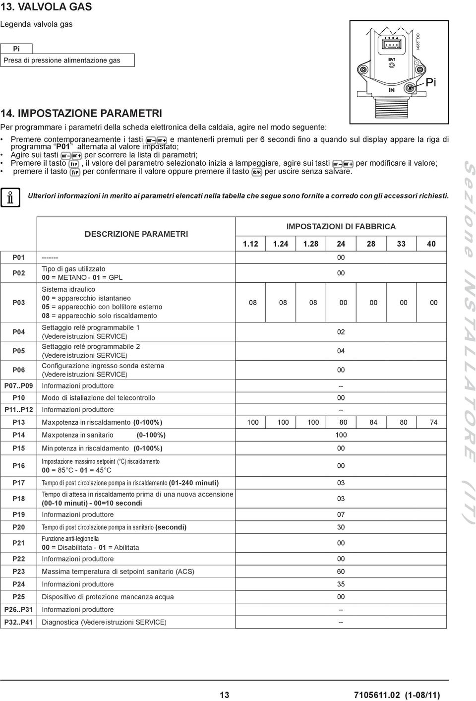 sul display appare la riga di programma P01 alternata al valore impostato; Agire sui tasti per scorrere la lista di parametri; Premere il tasto, il valore del parametro selezionato inizia a