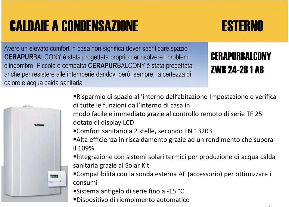 ESTERNO CERAPURBALCONY ZWB 24-28 1 AB Risparmio di spazio all interno dell abitazione Impostazione e verifica di tutte le funzioni dall interno di casa in modo facile e immediato grazie al controllo