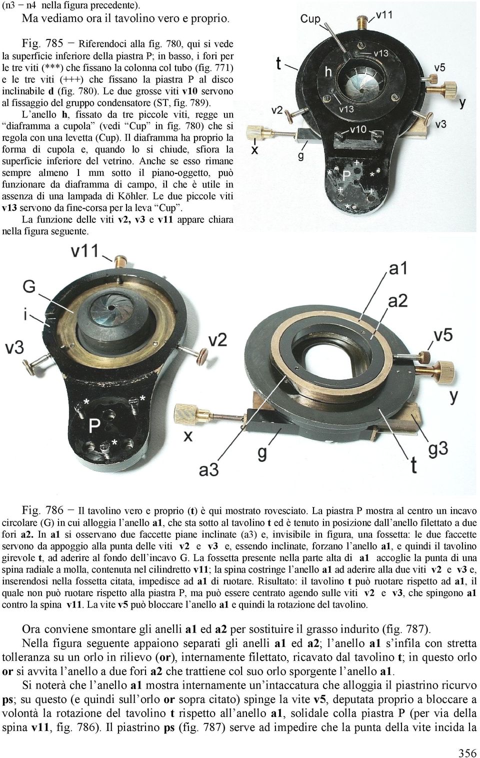 771) e le tre viti (+++) che fissano la piastra P al disco inclinabile d (fig. 780). Le due grosse viti v10 servono al fissaggio del gruppo condensatore (ST, fig. 789).