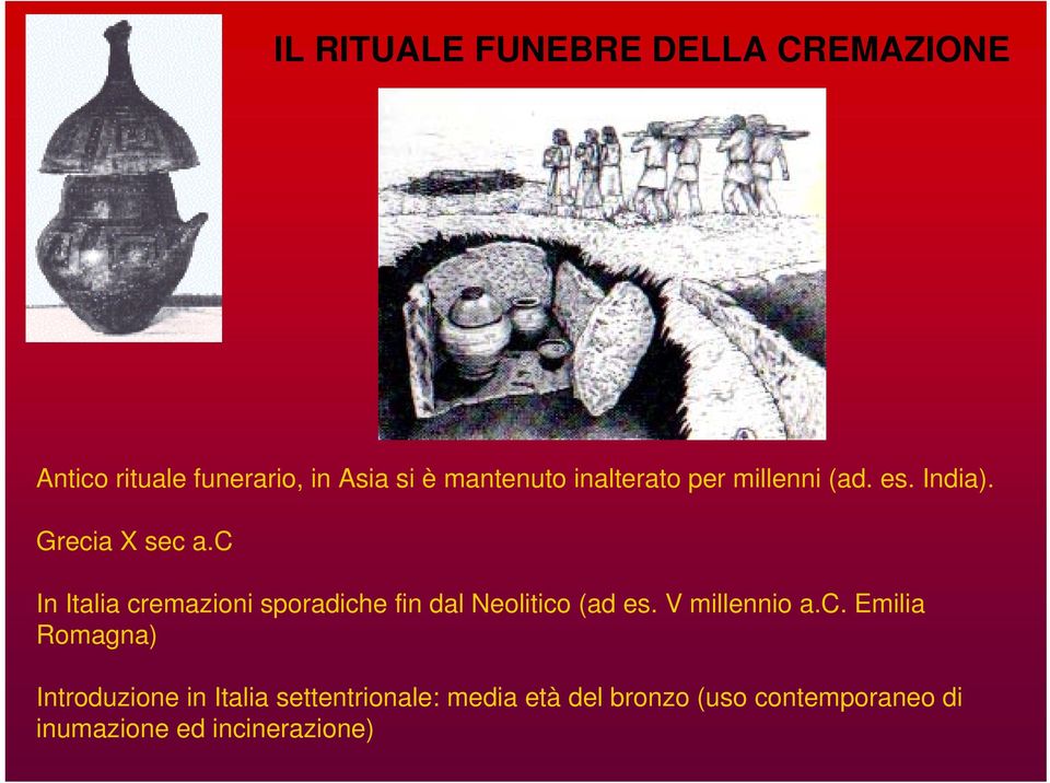 c In Italia cremazioni sporadiche fin dal Neolitico (ad es. V millennio a.c. Emilia