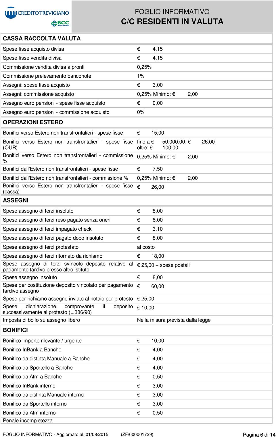 transfrontalieri - spese fisse 15,00 Bonifici verso Estero non transfrontalieri - spese fisse (OUR) Bonifici verso Estero non transfrontalieri - commissione % Bonifici dall'estero non