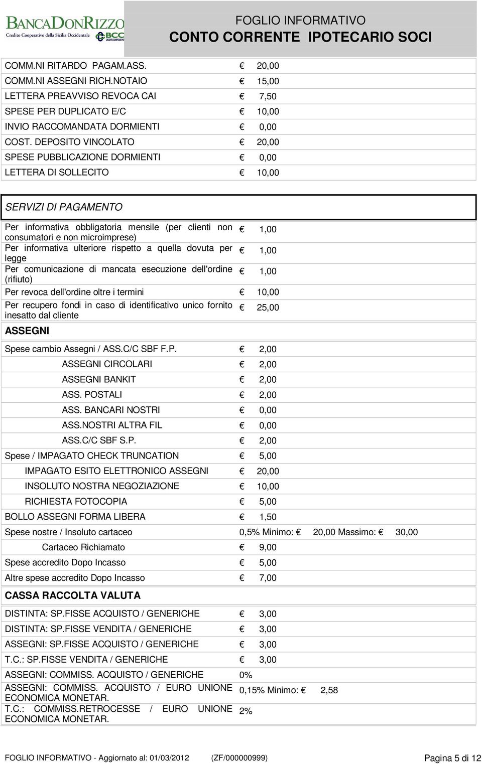 Per informativa ulteriore rispetto a quella dovuta per legge 1,00 Per comunicazione di mancata esecuzione dell'ordine (rifiuto) 1,00 Per revoca dell'ordine oltre i termini 10,00 Per recupero fondi in