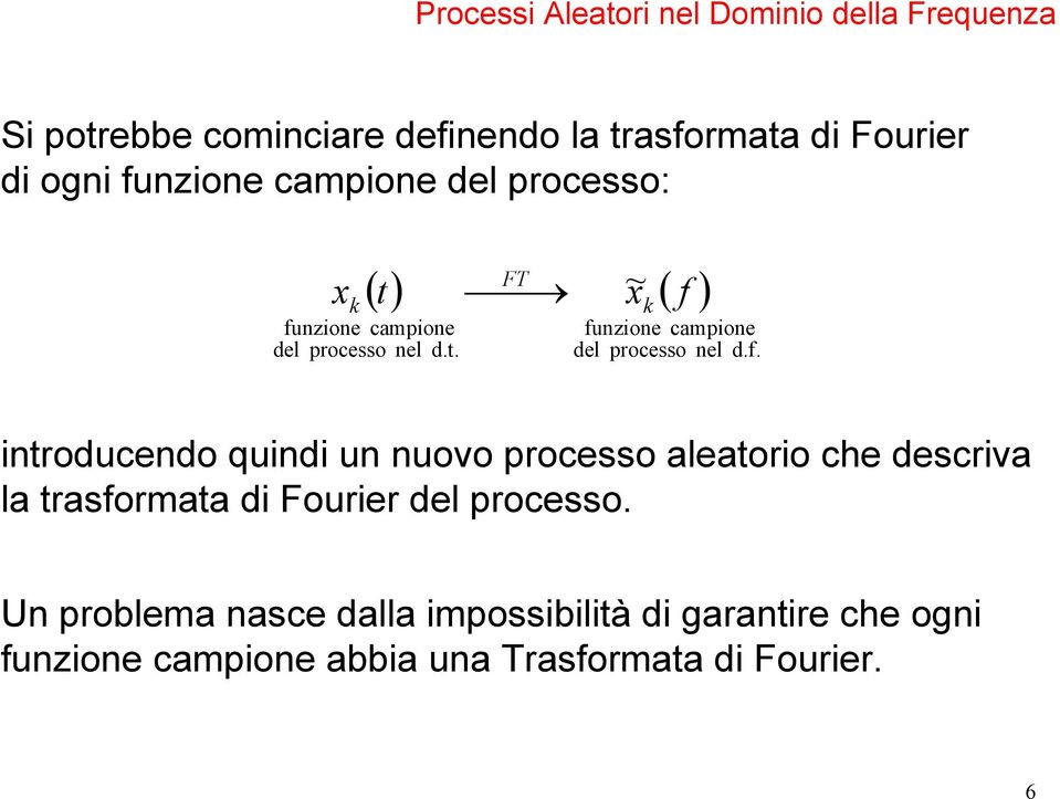 f. introducendo quindi un nuovo processo aleatorio che descriva la trasformata di Fourier del processo.