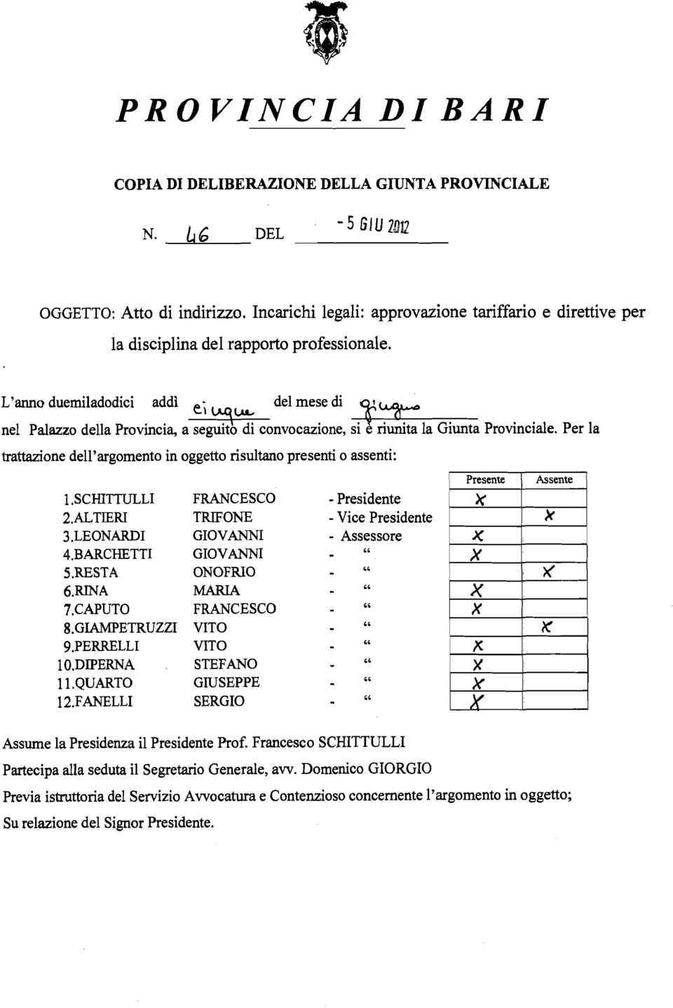 Per la trattazione dell'argomento in oggetto risultano presenti o assenti: FRANCESCO TRIFONE GIOVANNI GIOVANNI ONOFRIO MARIA FRANCESCO VITO VITO STEFANO GIUSEPPE SERGIO - Presidente - Vice Presidente